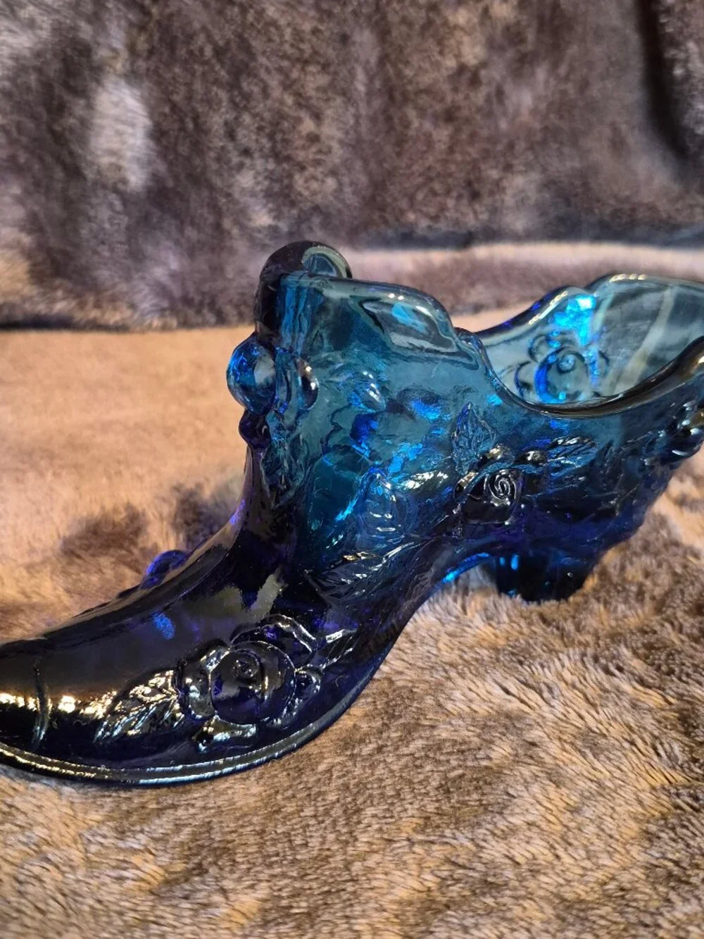 Fenton Cobalt Blue Glass Floral Shoe Embossed Victorian Decor